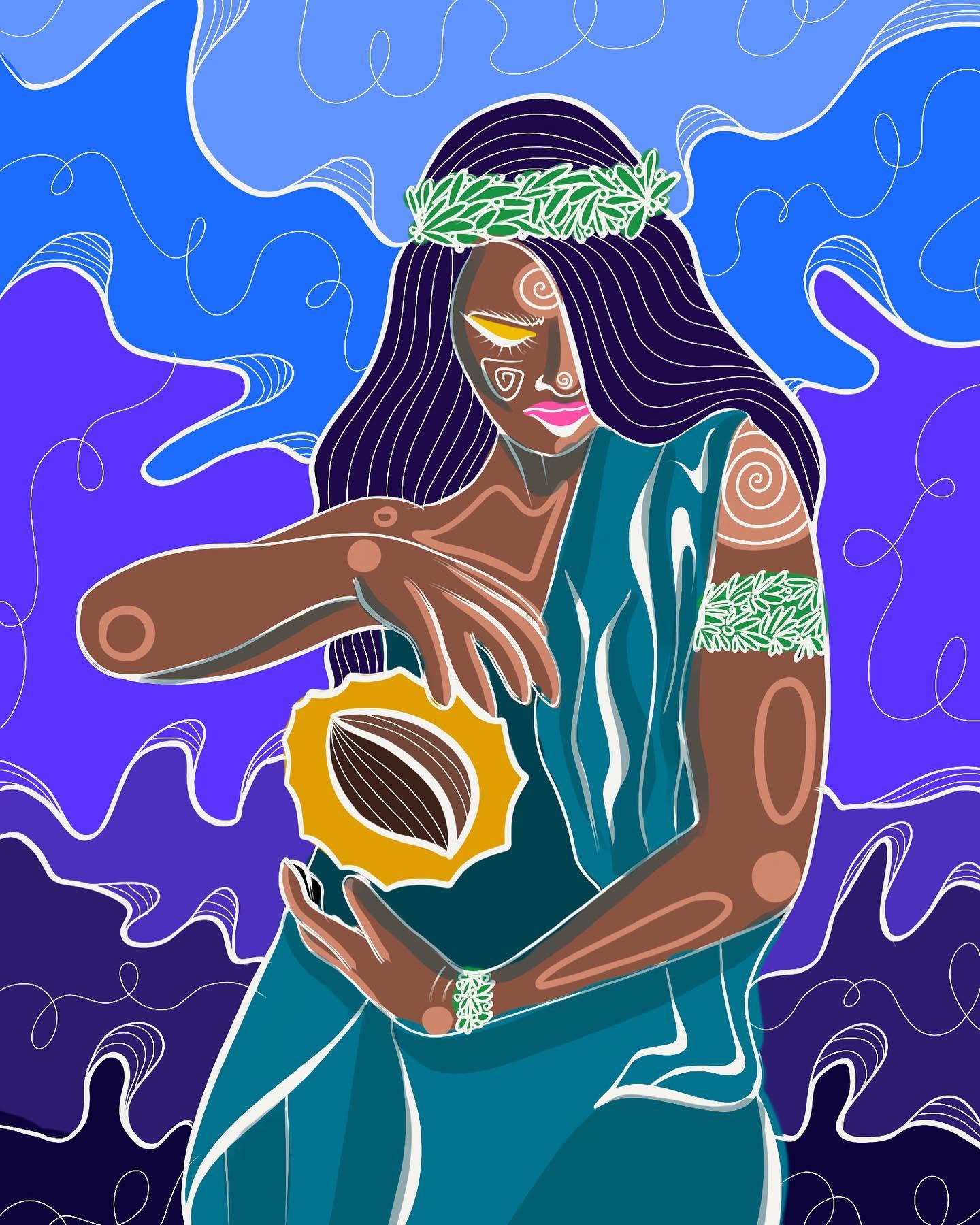 A figure holding a vessel, surrounded by flowing violet and blue forms.
