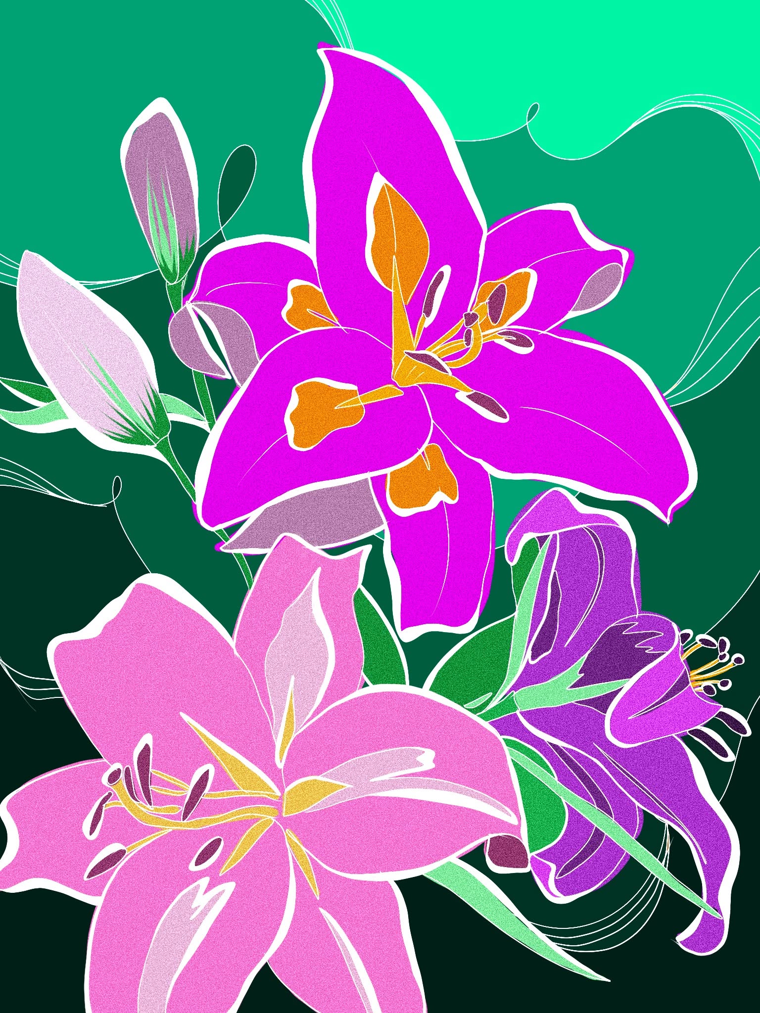 Vivid magenta and lavender flowers against a saturated green ground.
