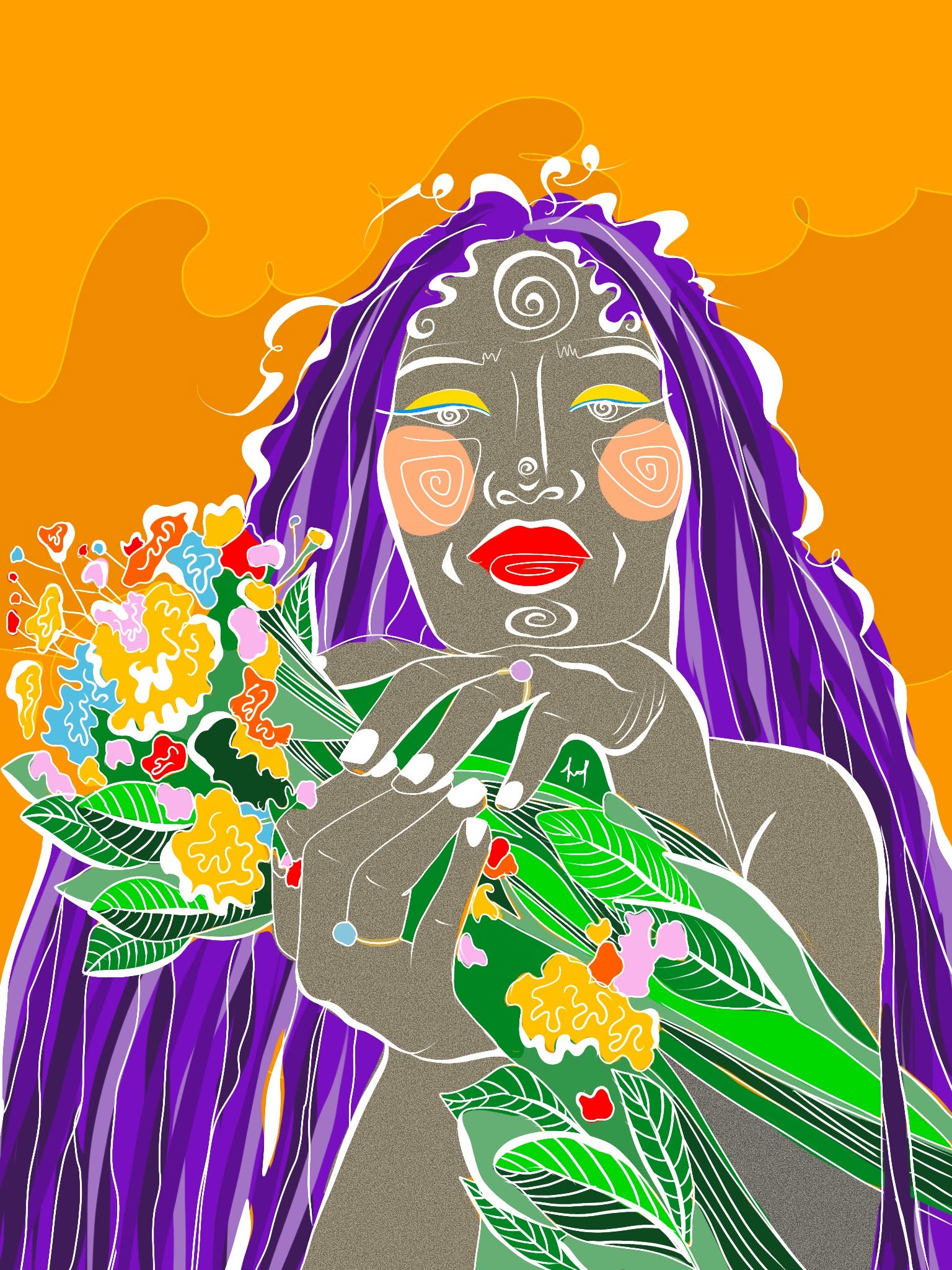 A floral portrait with purple hair and vivid orange surroundings.