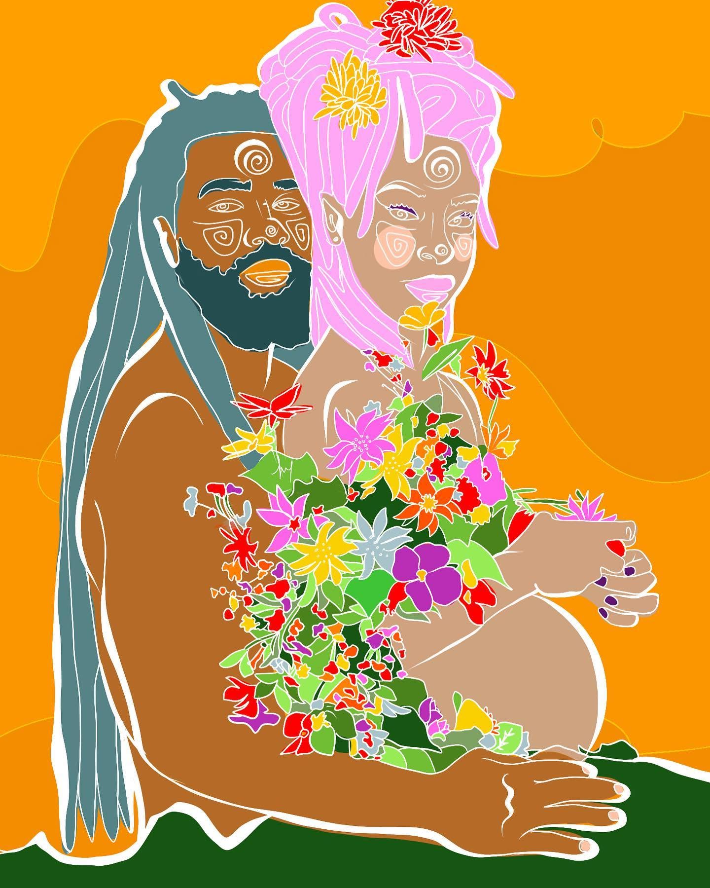 A layered portrait with a bouquet of bright flowers.