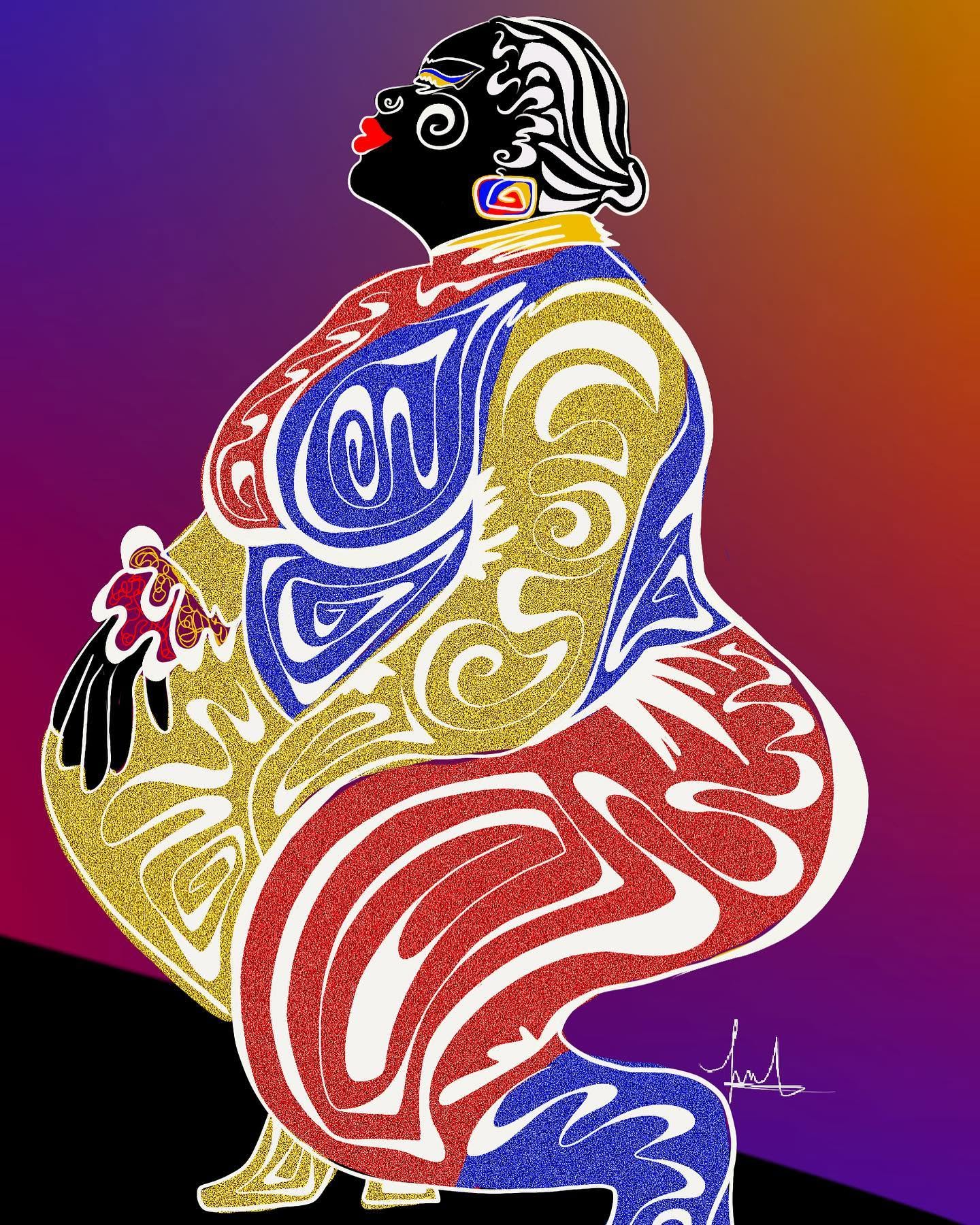 A seated figure expressed through swirling primary colors and white linework.