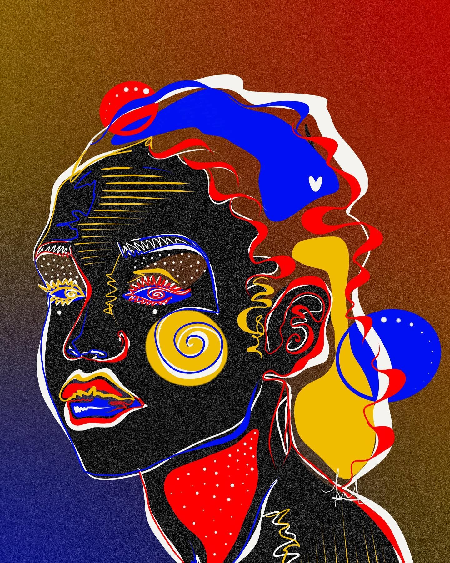 A black portrait with red, blue, yellow and white flowing lines and circular forms.