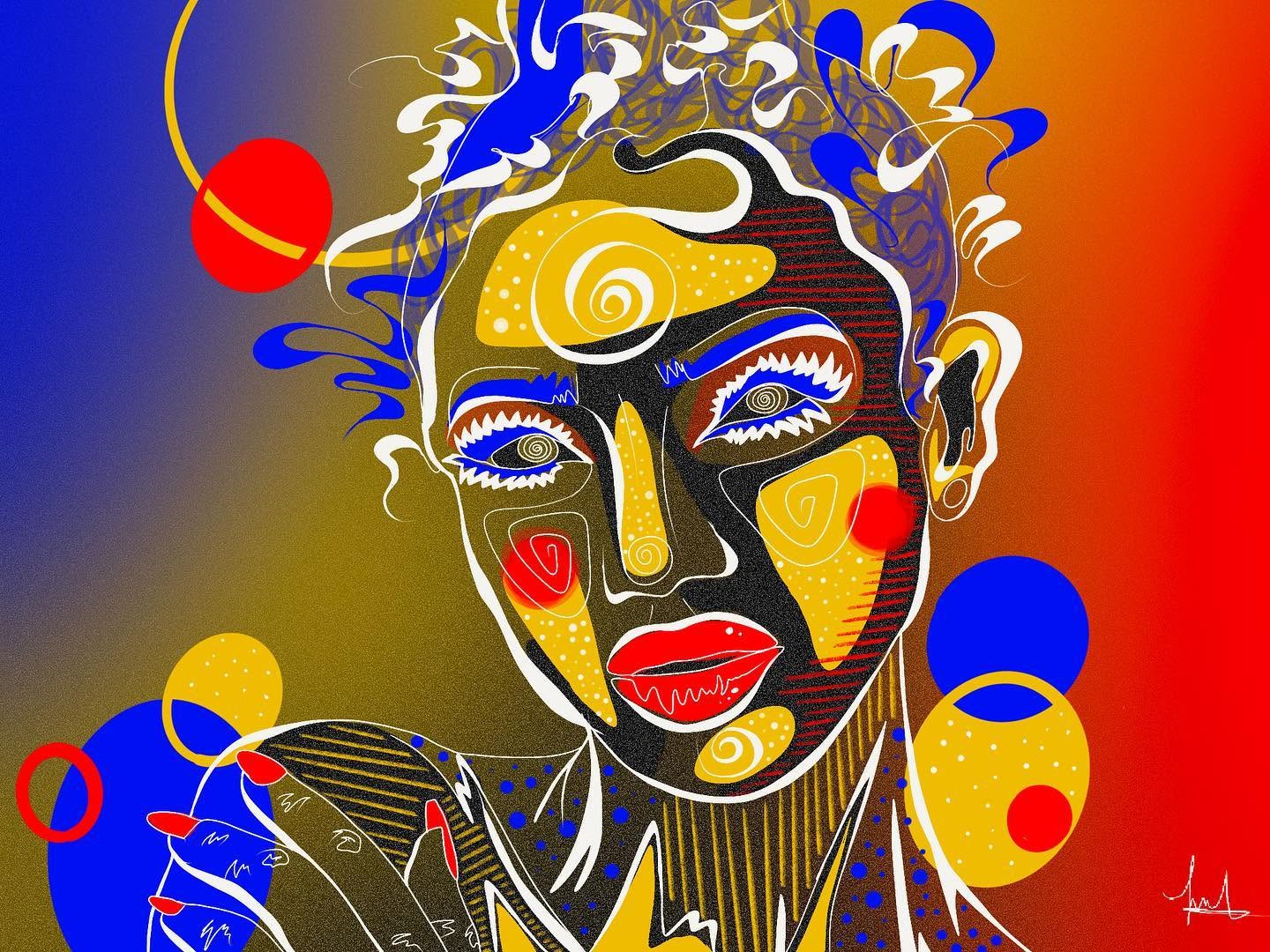 A frontal portrait with red lips, yellow facial shapes and blue and white expressive lines.