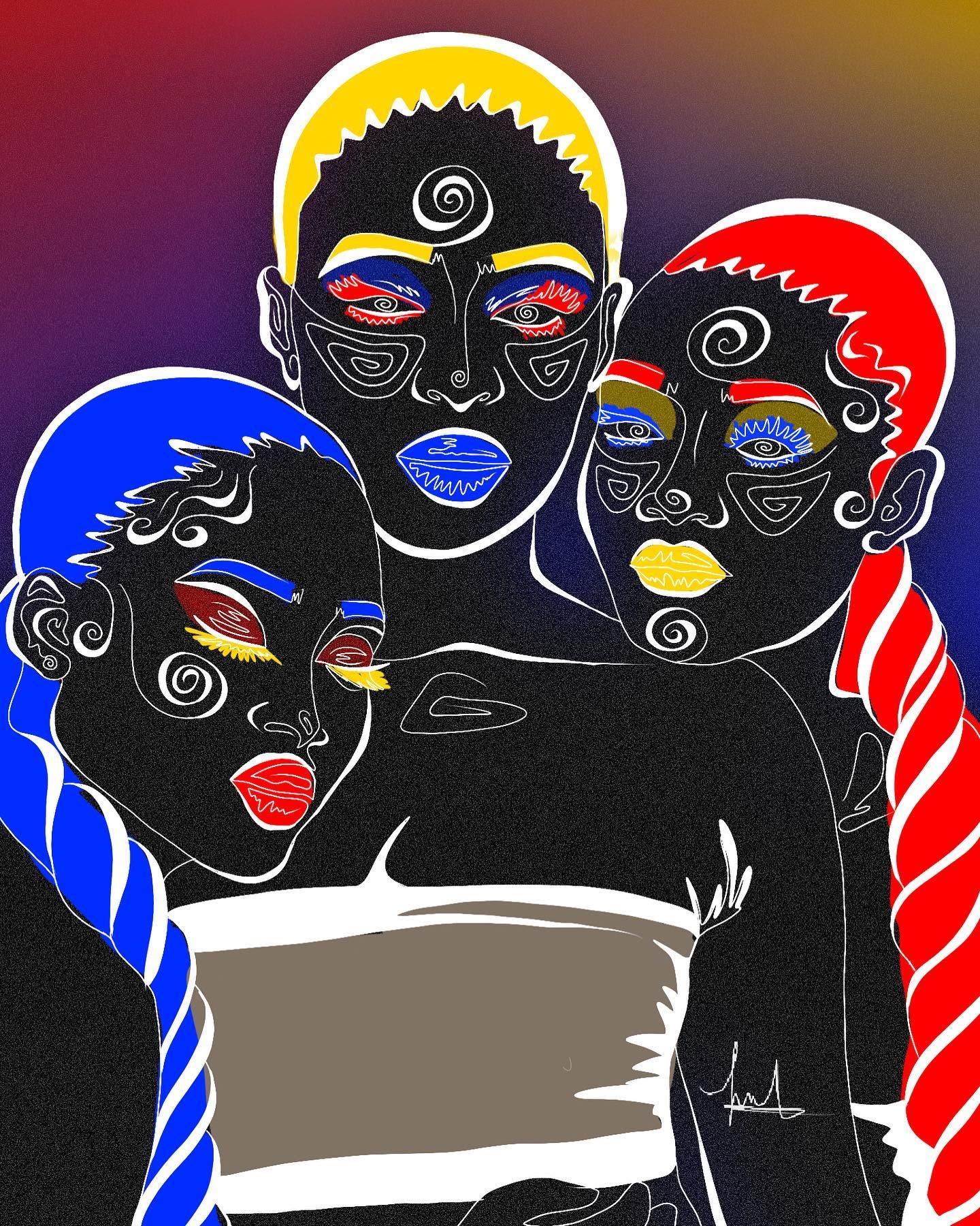 Expressive group portrait in red, blue and gold
