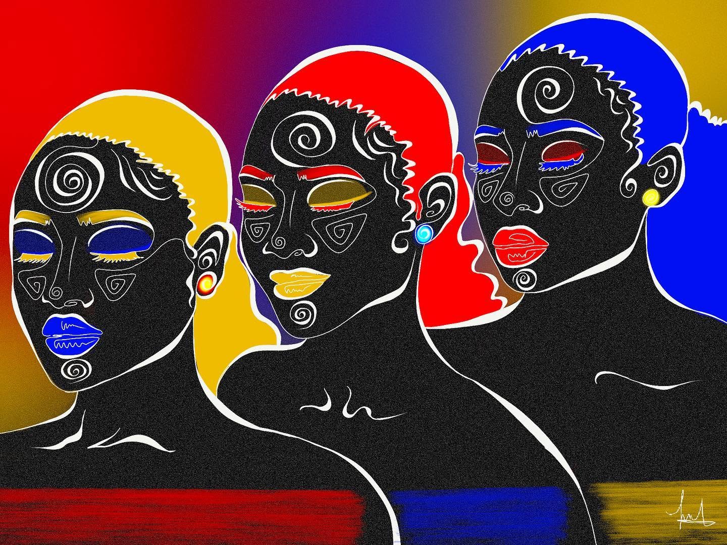 Three figures joined by a rhythmic composition of red, blue and gold.