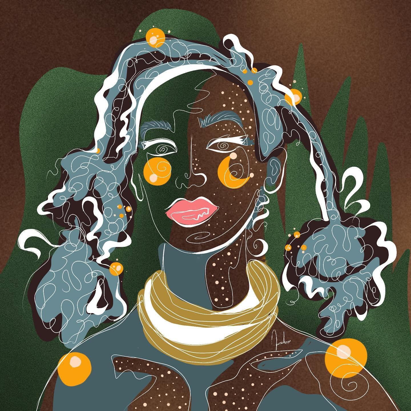 A portrait in earthen tones, with flowing white linework and gold accents.