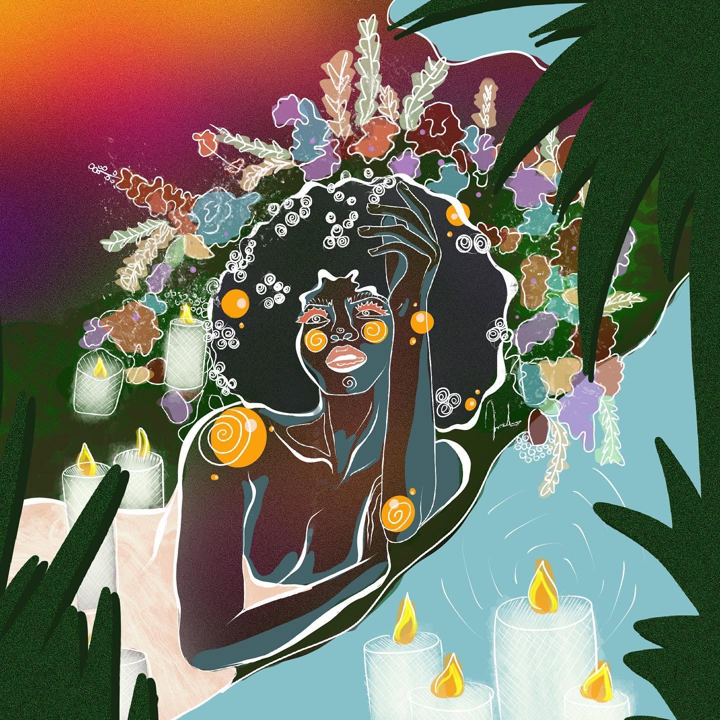 A portrait crowned by an abundant arrangement of flowers and foliage.