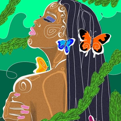 A profile with long dark hair, butterflies and green foliage.