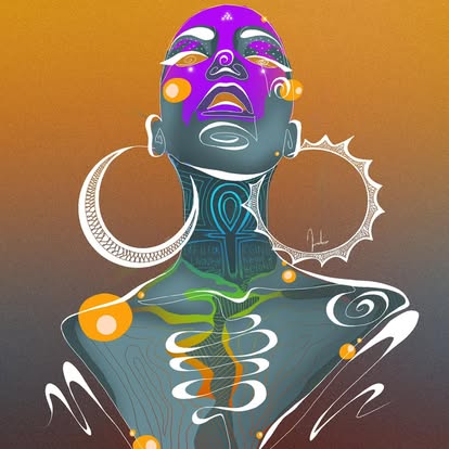 An upward-facing portrait with large hoop earrings, white linework and purple, teal and gold accents.
