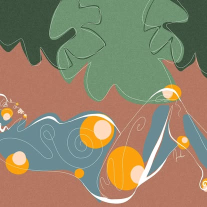 A cropped teal figure with golden circles and fine white lines beneath green leaves.