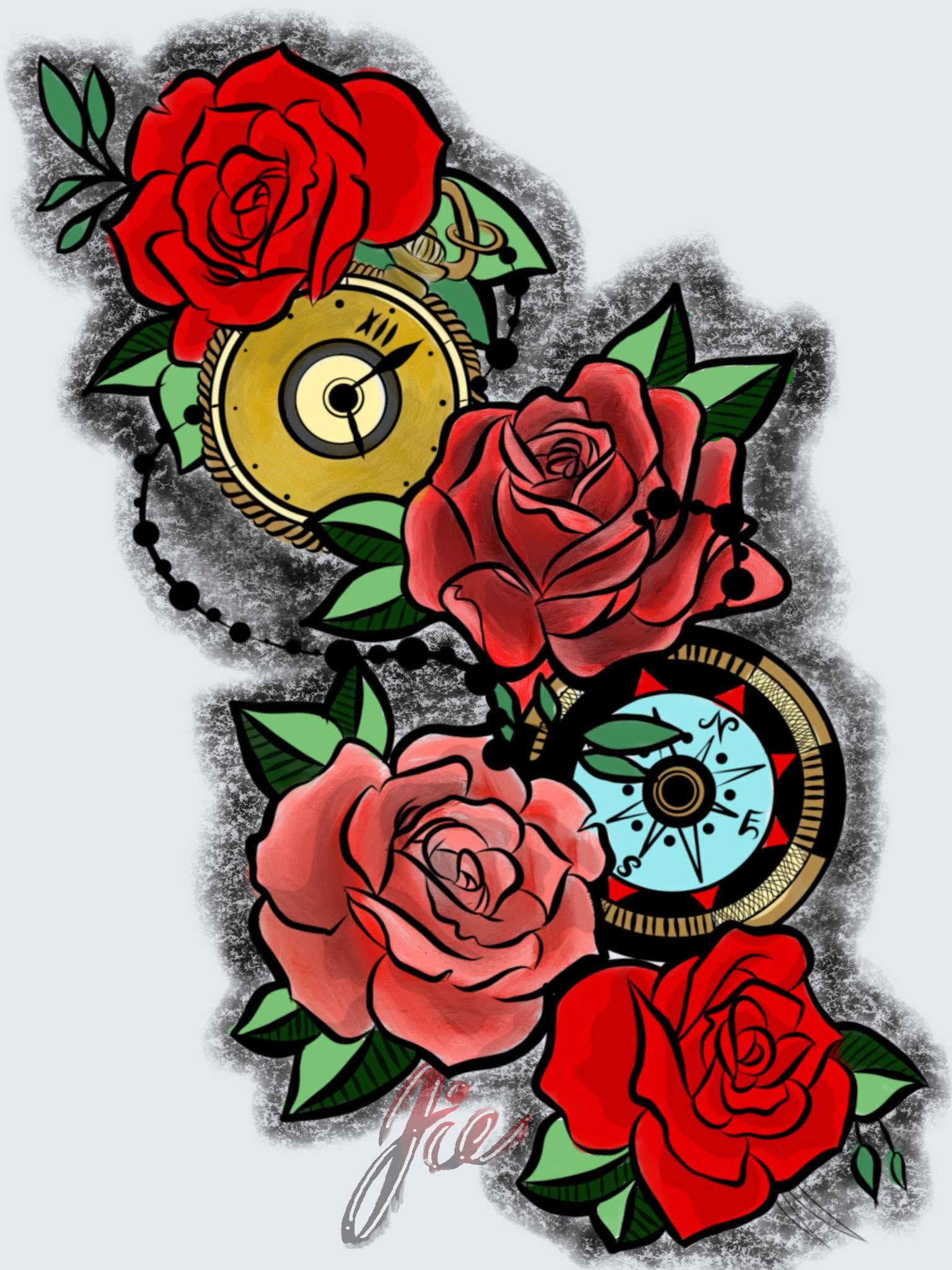 Red and pink roses surrounding a gold pocket watch and a compass.