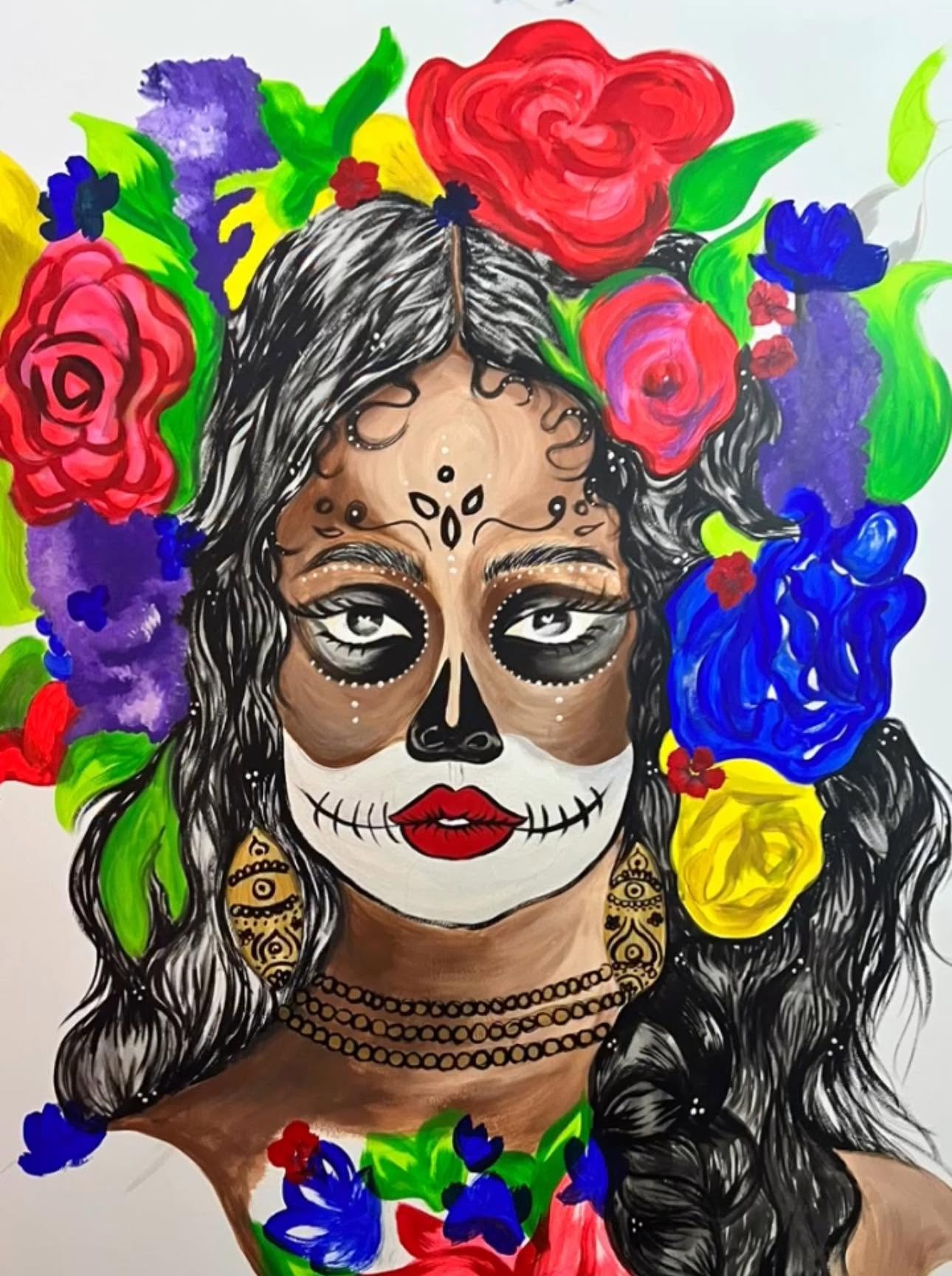 Floral portrait with vivid roses and symbolic face painting by Jocelyn Van