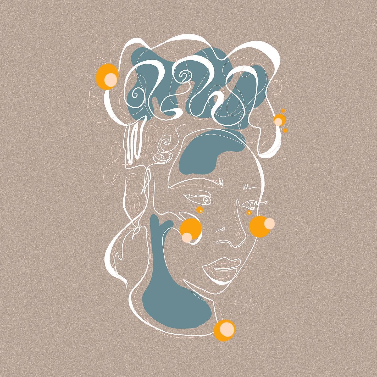 Expressive portrait in white linework, teal and amber by Jocelyn Van