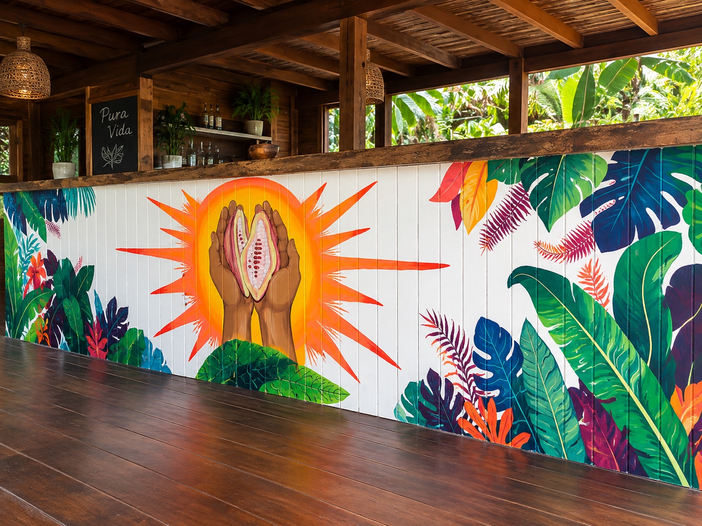 Explore Jocelyn Van’s Punta Mona mural of tropical foliage and hands holding cacao