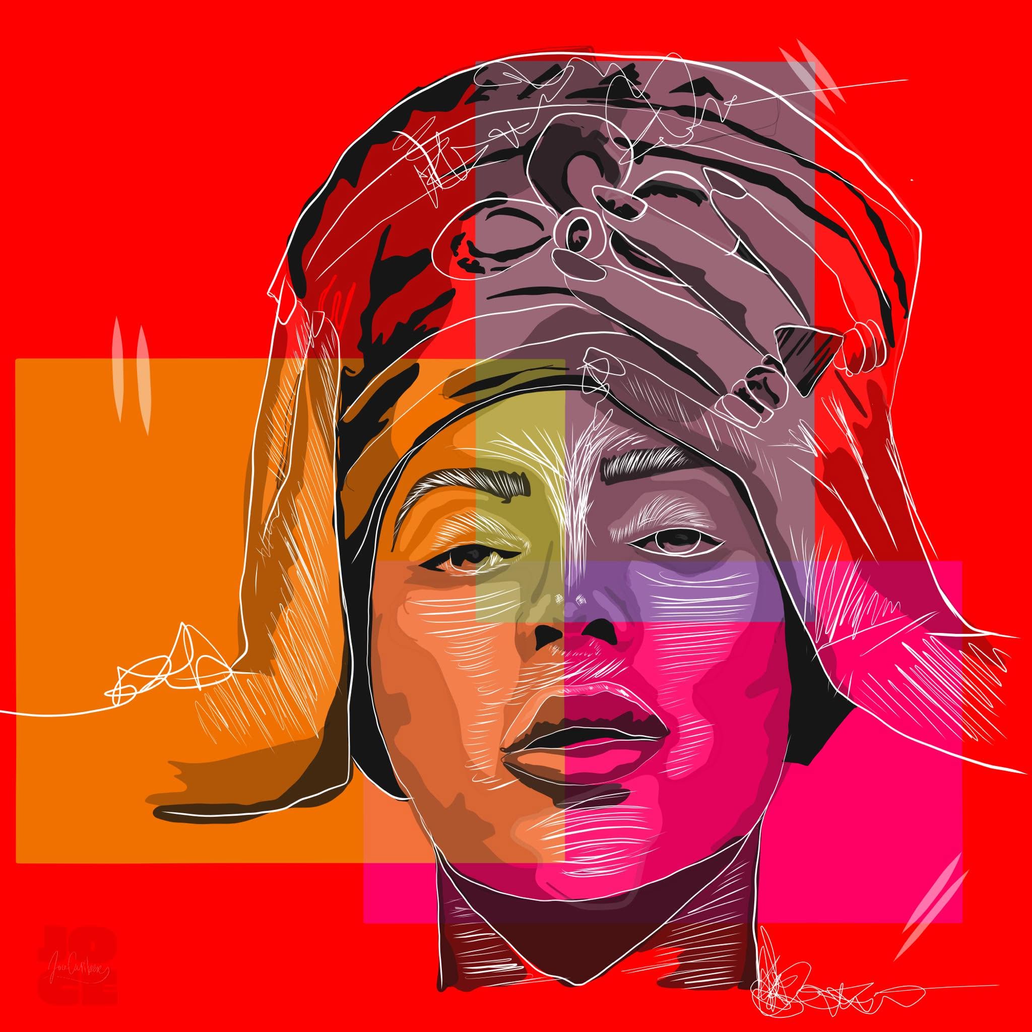 Red Series portrait with headwrap and layered blocks of color