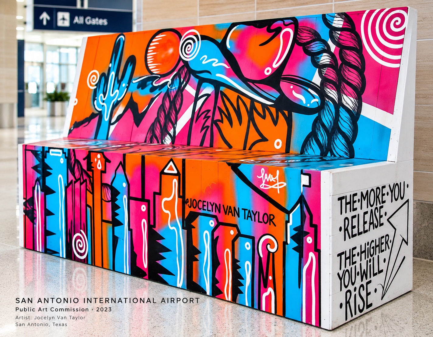 Explore Jocelyn Van’s colorful painted bench at San Antonio International Airport
